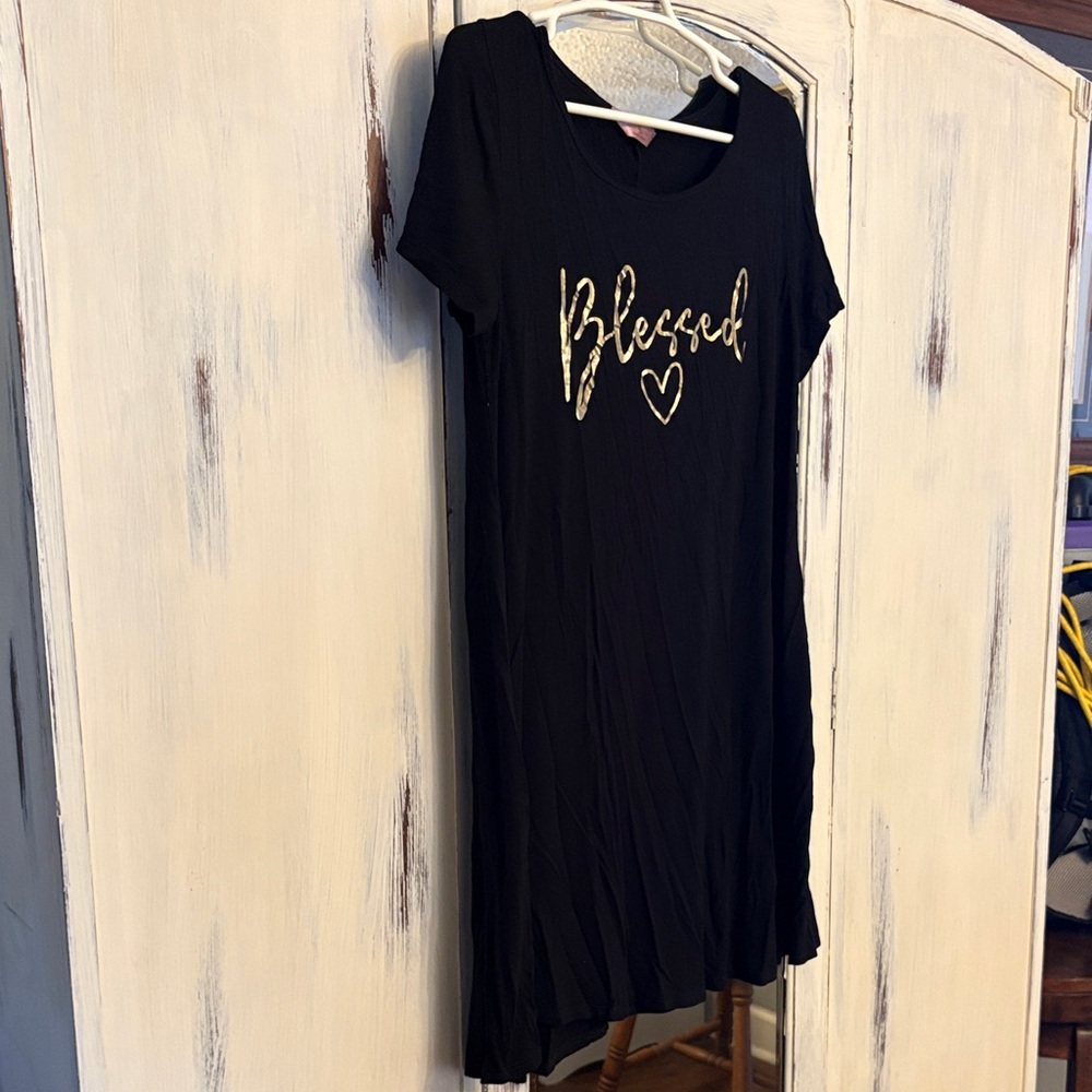SJS Black Dress with Gold Script Design